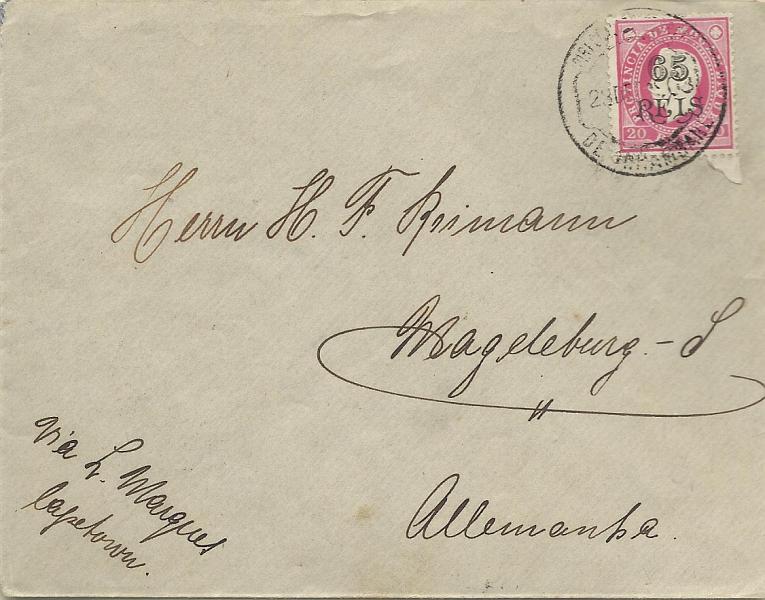 0008.jpg -     Lote:    8      Colecção Império      Inhambane       Descrição:         1902 &mdash; D. Luís I com sobretaxa. Selos do Distrito Postal de Moçambique usados no Distrito Postal de Inhambane. Sobrescrito circulado de Inhambane (23.12.03) para a Alemanha (17.01.04) com trânsito por L. Marques (24.12.03) com selo de 65 s/ 20 reis, denteado 12 &frac12;, CE68. MB e MR.        Carta       Valor Base:     &euro; 250,00     Valor Venda:     &euro; 300,00     