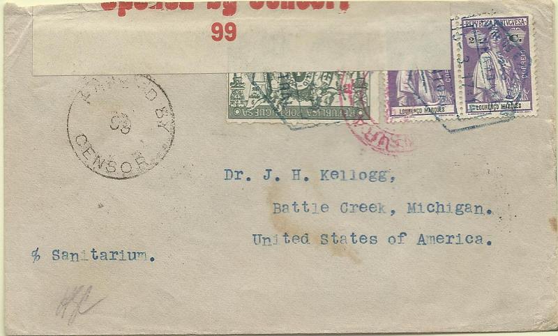 0010.jpg -     Lote:    10      Colecção Império      Inhambane       Descrição:         1914/16 &mdash; Ceres + Taxa de Guerra. Selos do Distrito Postal de Lourenço Marques usados no Distrito de Inhambane. Sobrescrito circulado de Inhambane (05.03.17) para os EUA (, com trânsito por L. Marques (09.03.17) com 2 selos de 2 &frac12; c CE122 + 1c verde CE IP1. Censura de L. Marques no verso + censura inglesa + censura da África do Sul (cinta). MB e MR.        Carta       Valor Base:     &euro; 200,00     Valor Venda:     Retirado     