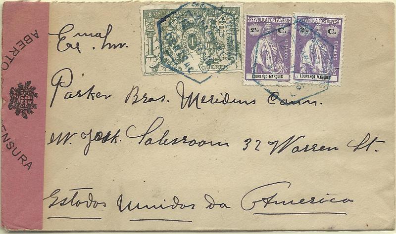 0011.jpg -     Lote:    11      Colecção Império      Inhambane       Descrição:         1914/16 &mdash; Ceres + Taxa de Guerra. Selos do Distrito Postal de Lourenço Marques usados no Distrito de Inhambane. Sobrescrito circulado de Inhambane (12.03.17) para os EUA (, com trânsito por L. Marques (04.03.17) com 2 selos de 2 &frac12; c CE122 + 1c verde CE IP1. Censura de L. Marques (cinta rosa). MB e R.        Carta       Valor Base:     &euro; 150,00     Valor Venda:     Retirado     