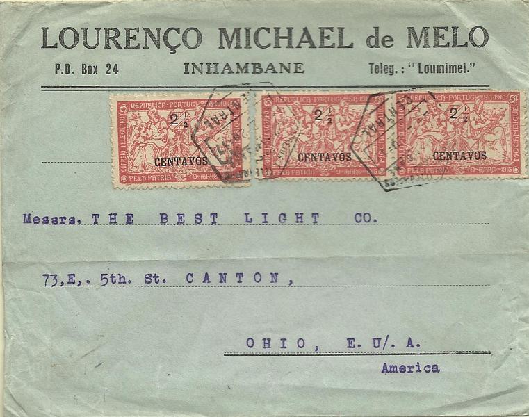 0012.jpg -     Lote:    12      Colecção Império      Inhambane       Descrição:         1918/20 &mdash; Taxa de Guerra. Selos do Imposto Postal com sobrecarga. Selos do Distrito Postal de Moçambique usados no Distrito de Inhambane. Sobrescrito circulado de Inhambane (24.02.20) para Ohio / EUA com 3 selos de 2 &frac12; c s/ 5c vermelho CE204.        Carta       Valor Base:     &euro; 100,00     Valor Venda:     Retirado     