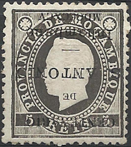 0013.jpg -     Lote:    13      Colecção Império      Inhambane       Descrição:         1895 &mdash; Selos de D. Luís I de Moçambique, com sobrecarga do "Centenário de S. António". CE1, 5 reis preto, denteado 12 &frac12;. Selo com a sobrecarga invertida.        **       Valor Base:     &euro; 30,00     Valor Venda:     &euro; 260,00     