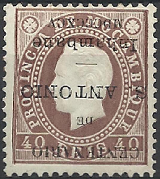 0015.jpg -     Lote:    15      Colecção Império      Inhambane       Descrição:         1895 &mdash; Selos de D. Luís I de Moçambique, com sobrecarga do "Centenário de S. António". CE5, 40 reis castanho, denteado 12 &frac12;. Selo com a sobrecarga invertida.        **       Valor Base:     &euro; 35,00     Valor Venda:     &euro; 170,00     