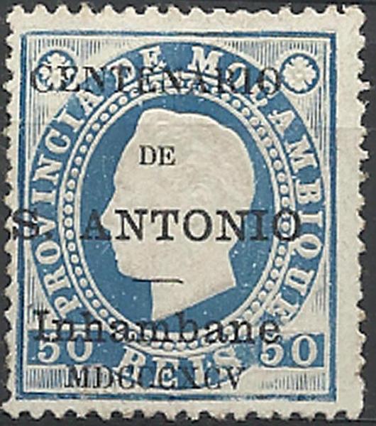 0016.jpg -     Lote:    16      Colecção Império      Inhambane       Descrição:         1895 &mdash; Selos de D. Luís I de Moçambique, com sobrecarga do "Centenário de S. António". CE6, 50 reis azul, denteado 13 &frac12;. Valor de catálogo &euro; 255,00. B e R.        *       Valor Base:     &euro; 55,00     Valor Venda:     &euro; 120,00     