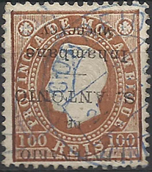 0017.jpg -     Lote:    17      Colecção Império      Inhambane       Descrição:         1895 &mdash; Selos de D. Luís I de Moçambique, com sobrecarga do "Centenário de S. António". CE7, 100 reis castanho amarelo, denteado 12 &frac12;. Selo com a sobrecarga invertida.        O       Valor Base:     &euro; 75,00     Valor Venda:     &euro; 130,00     