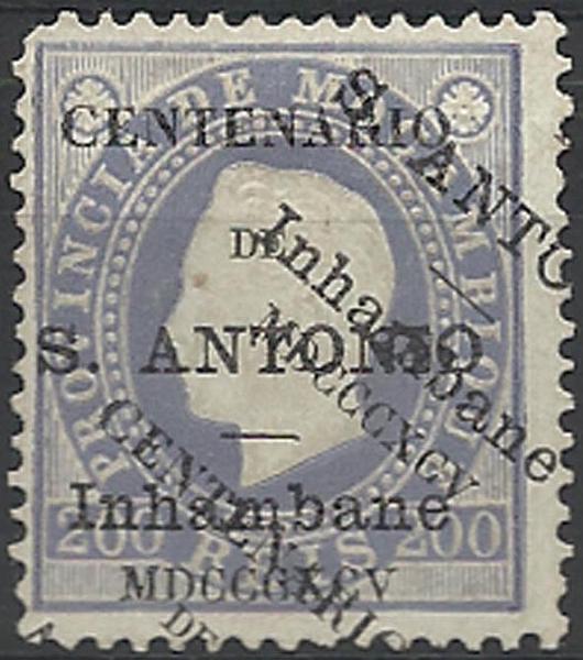 0018.jpg -     Lote:    18      Colecção Império      Inhambane       Descrição:         1895 &mdash; Selos de D. Luís I de Moçambique, com sobrecarga do "Centenário de S. António". CE8, 200 reis violeta, denteado 12 &frac12;. Selo com dupla sobrecarga, uma delas oblíqua. Um dente curto. MB e MR.        *       Valor Base:     &euro; 75,00     Valor Venda:     &euro; 120,00     