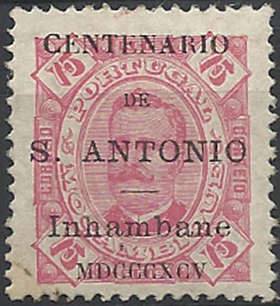 0022.jpg -     Lote:    22      Colecção Império      Inhambane       Descrição:         1895 &mdash; Selos de D. Carlos I tipo Diogo Neto de Moçambique, com sobrecarga do "Centenário de S. António". CE11, 75 reis carmim, papel porcelana, denteado 12 &frac12;. Valor de catálogo &euro; 170,00. B.        **       Valor Base:     &euro; 50,00     Valor Venda:     &euro; 90,00     