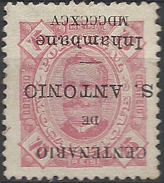 0023.jpg -     Lote:    23      Colecção Império      Inhambane       Descrição:         1895 &mdash; Selos de D. Carlos I tipo Diogo Neto de Moçambique, com sobrecarga do "Centenário de S. António". CE11, 75 reis carmim, papel porcelana, denteado 12 &frac12;. Selo com a sobrecarga invertida. Ligeira transparência. B e R.        **       Valor Base:     &euro; 50,00     Valor Venda:     &euro; 190,00     