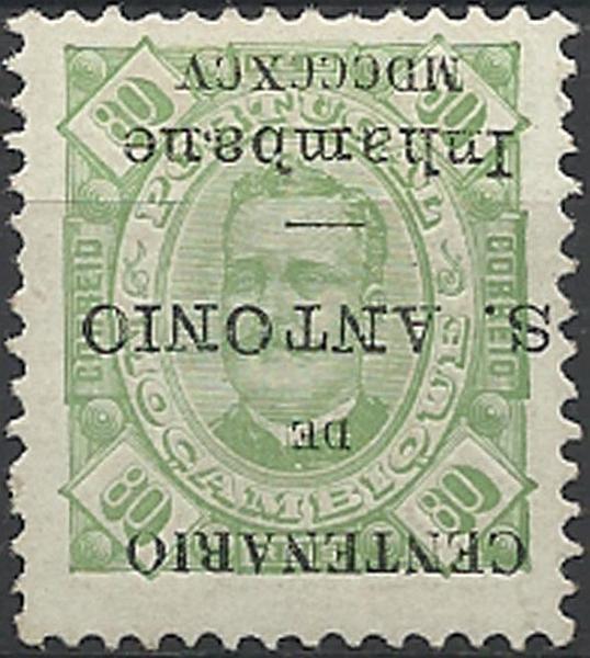 0025.jpg -     Lote:    25      Colecção Império      Inhambane       Descrição:         1895 &mdash; Selos de D. Carlos I tipo Diogo Neto de Moçambique, com sobrecarga do "Centenário de S. António". CE12, 80 reis verde-claro, papel porcelana, denteado 11 &frac12;. Selo com a sobrecarga invertida. B e R.        **       Valor Base:     &euro; 40,00     Valor Venda:     &euro; 200,00     