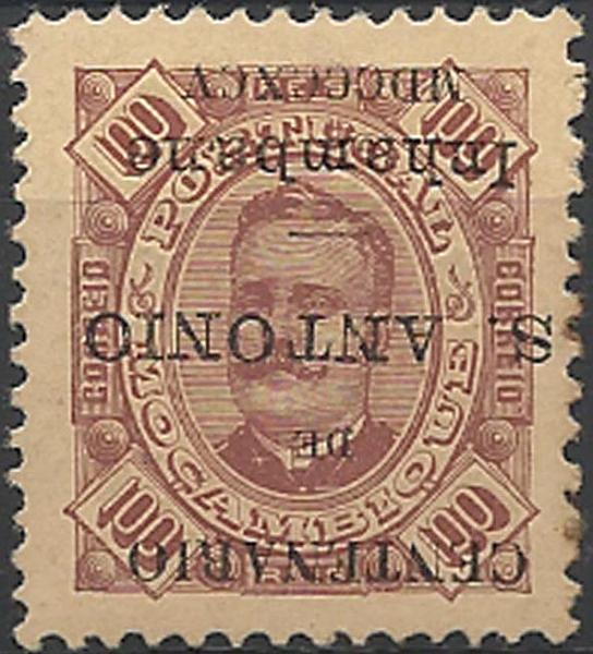 0027.jpg -     Lote:    27      Colecção Império      Inhambane       Descrição:         1895 &mdash; Selos de D. Carlos I tipo Diogo Neto de Moçambique, com sobrecarga do "Centenário de S. António". CE13, 100 reis castanho s/ castanho amarelo, papel porcelana, denteado 11 &frac12;. Selo com a sobrecarga invertida. Pontos de óxido no verso. MR.        **       Valor Base:     &euro; 120,00     Valor Venda:     &euro; 340,00     