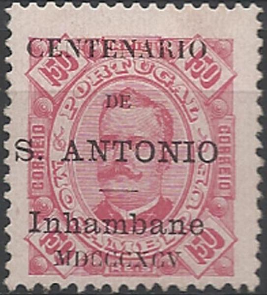 0028.jpg -     Lote:    28      Colecção Império      Inhambane       Descrição:         1895 &mdash; Selos de D. Carlos I tipo Diogo Neto de Moçambique, com sobrecarga do "Centenário de S. António". CE14, 150 reis carmim s/ rosa, papel porcelana, denteado 12 &frac12;. Valor de catálogo &euro; 170,00. B.        RG**       Valor Base:     &euro; 40,00     Valor Venda:     &euro; 48,00     