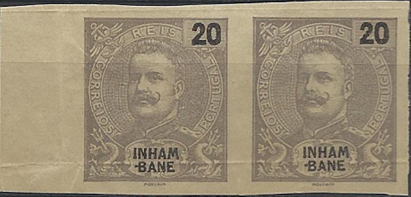 0030.jpg -     Lote:    30      Colecção Império      Inhambane       Descrição:         1903 &mdash; D. Carlos I tipo Mouchon. CE19, 20 reis violeta cinzento. Par horizontal não denteado. B e R.        *       Valor Base:     &euro; 20,00     Valor Venda:     &euro; 22,00     