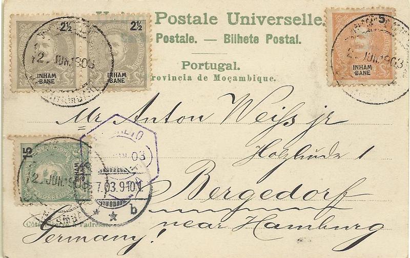 0036.jpg -     Lote:    36      Colecção Império      Inhambane       Descrição:         1903 &mdash; D. Carlos I tipo Mouchon. Postal ilustrado tipo Gruss, circulado de Inhambane (02.06.03) para Hamburgo (01.07.03) com trânsito pela Beira, com selos de 2 &frac12; x 2, 5 e 15 reis, CE15/17. MB e R.        PI       Valor Base:     &euro; 30,00     Valor Venda:     &euro; 42,00     