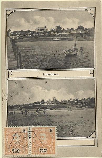 0037.jpg -     Lote:    37      Colecção Império      Inhambane       Descrição:         1903 &mdash; D. Carlos I tipo Mouchon. CE16, 5 reis amarelo. Par em postal ilustrado circulado de Inhambane (19.08.13) para Nova York, com trânsito por L. Marques (21.08.13).        PI       Valor Base:     &euro; 25,00     Valor Venda:     Retirado     