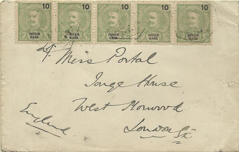 0039.jpg -     Lote:    39      Colecção Império      Inhambane       Descrição:         1903 &mdash; D. Carlos I tipo Mouchon. Sobrescrito circulado de Inhambane (20.02.11) para Londres (18.03.11) e trânsito por L. Marques (22.02.11) com 5 selos (tira de 4 selos +1) de 10 reis verde CE17. MB e MR.        Carta       Valor Base:     &euro; 120,00     Valor Venda:     &euro; 260,00     