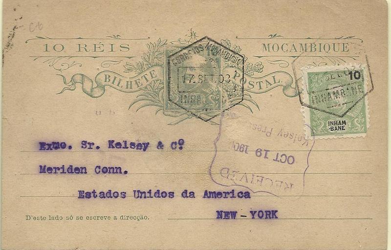 0042.jpg -     Lote:    42      Colecção Império      Inhambane       Descrição:         1903 &mdash; D. Carlos I tipo Mouchon. Inteiro postal de 10 reis de Moçambique OM4, circulado com selo adicional de 10 reis verde CE17 de Inhambane (17.09.08) para Nova York (19.10.08) com trânsito por L. Marques (19.09.08).        IC       Valor Base:     &euro; 25,00     Valor Venda:     Retirado     