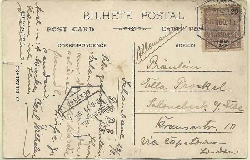 0046.jpg -     Lote:    46      Colecção Império      Inhambane       Descrição:         1903 &mdash; D. Carlos I tipo Mouchon. Postal ilustrado circulado de Inhambane (28.08.11) para a Alemanha, com trânsito por L. Marques (30.08.11), com selo de 20 reis CE19.        PI       Valor Base:     &euro; 40,00     Valor Venda:     Retirado     