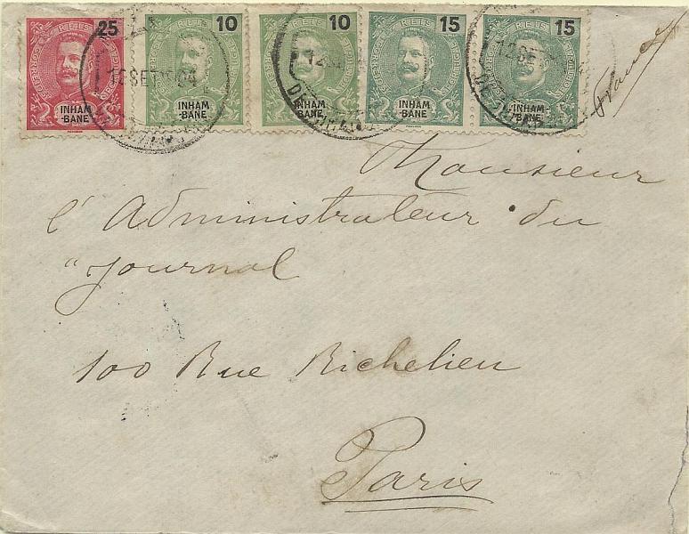 0048.jpg -     Lote:    48      Colecção Império      Inhambane       Descrição:         1903 &mdash; D. Carlos I Mouchon. CE17/18 e 20, 2x10 reis, 2x15 reis e 25 reis em carta circulada de Inhambane (18.09.04) para Paris (09.10.04) com trânsito por L. Marques (14.09.04). B e R.        Carta       Valor Base:     &euro; 120,00     Valor Venda:     Retirado     
