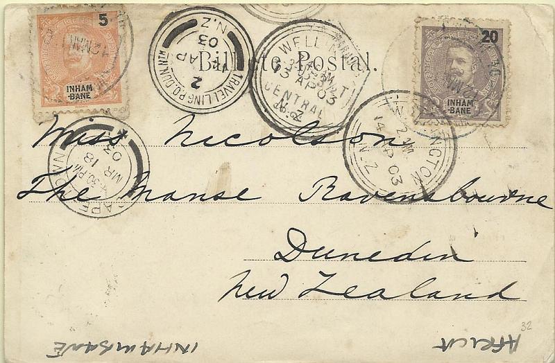 0049.jpg -     Lote:    49      Colecção Império      Inhambane       Descrição:         1903 &mdash; D. Carlos I tipo Mouchon. Postal ilustrado circulado de Inhambane (12.03.03) para Dunedin * Nova Zelândia (14.04.03) com trânsito por Wellington (13.04.03) e Princton (14.04.03), com selos de 5 e 20 reis CE16, 19. Muito raro destino. MB e MR.        PI       Valor Base:     &euro; 120,00     Valor Venda:     Retirado     