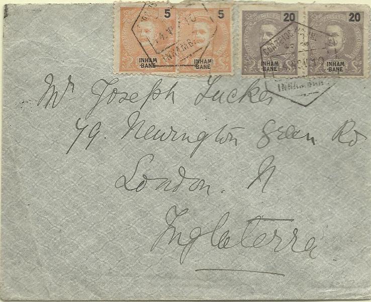 0050.jpg -     Lote:    50      Colecção Império      Inhambane       Descrição:         1903 &mdash; D. Carlos I tipo Mouchon. CE16 e 19. Pares de 5 e 20 reis (porte total de 50 reis) em sobrescrito circulado de Inhambane (14.11.10) para Inglaterra com trânsito por L. Marques (21.11.10). B e R.        Carta       Valor Base:     &euro; 50,00     Valor Venda:     Retirado     