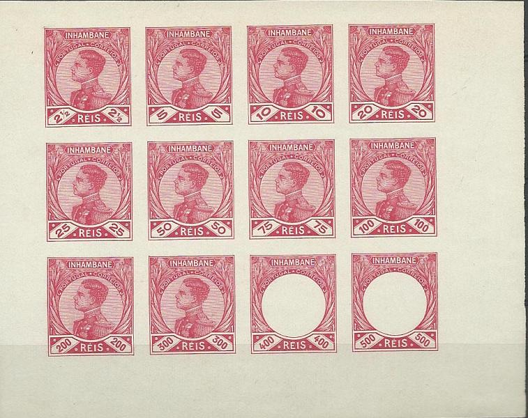 0059.jpg -     Lote:    59      Colecção Império      Inhambane       Descrição:         1910 &mdash; D. Manuel II. NÃO EMITIDOS. INHAMBANE. Folha de 12 provas em vermelho, sendo dez com as prováveis taxas a serem emitidas e duas com valores não aprovados para as colónias, só com a moldura. MB e R.        PRV       Valor Base:     &euro; 175,00     Valor Venda:     &euro; 220,00     