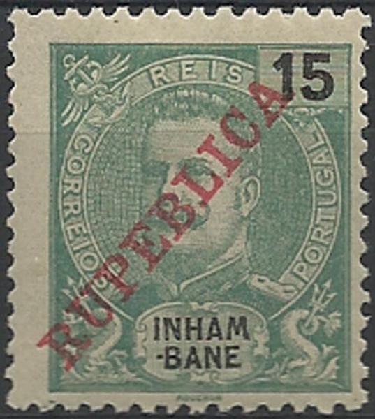 0068.jpg -     Lote:    68      Colecção Império      Inhambane       Descrição:         1911 &mdash; D. Carlos I, com sobrecarga REPUBLICA da Casa da Moeda. CE35, 15 reis verde, papel amarelado. Selo com erro de grafia "RUPEBLICA". B e MR.        **       Valor Base:     &euro; 20,00     Valor Venda:     &euro; 85,00     