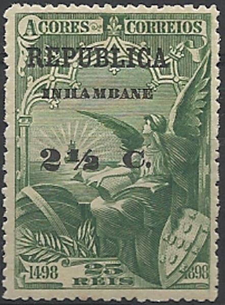 0077.jpg -     Lote:    77      Colecção Império      Inhambane       Descrição:         1913 &mdash; 4.º Centenário do Descobrimento do Caminho Marítimo para a Índia, com sobrecargas REPUBLICA e INHAMBANE e sobretaxa sobre selos dos Açores. NÃO EMITIDO. 2 &frac12; c s/ 25 reis verde. Valor de catálogo &euro; 90,00, porém mal cotado. MB e MR.        **       Valor Base:     &euro; 60,00     Valor Venda:     &euro; 130,00     