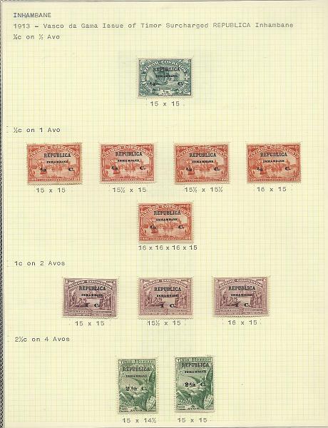 0085.jpg -     Lote:    85      Colecção Império      Inhambane       Descrição:         1913 &mdash; 4.º Centenário do Descobrimento do Caminho Marítimo para a Índia, com sobrecargas REPUBLICA e INHAMBANE e sobretaxa sobre selos de Timor. CE63/70. Páginas de algum com estudo pormenorizado de denteados. Lote a ver.        Lote       Valor Base:     &euro; 25,00     Valor Venda:     &euro; 60,00     
