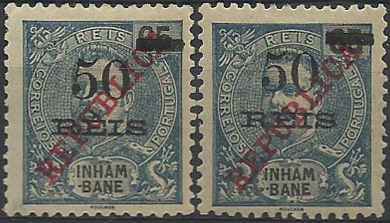 0090.jpg -     Lote:    90      Colecção Império      Inhambane       Descrição:         1915 &mdash; D. Carlos I, com sobretaxa e sobrecarga da Casa da Moeda. CE88, 50 s/ 65 reis azul-escuro. Lote de dois selos: um normal e outro com "5" partido tipo II. Valor de catálogo &euro; 45,00.        **       Valor Base:     &euro; 15,00     Valor Venda:     &euro; 46,00     