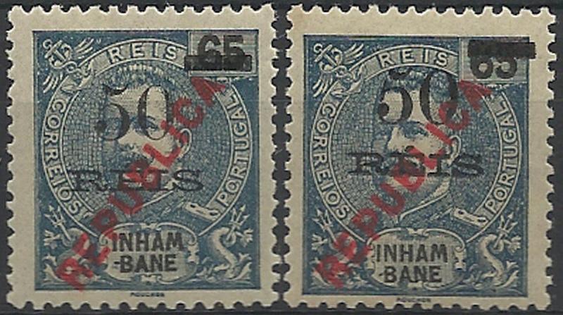 0091.jpg -     Lote:    91      Colecção Império      Inhambane       Descrição:         1915 &mdash; D. Carlos I, com sobretaxa e sobrecarga REPUBLICA local. CE87, 50 s/ 65 reis azul-escuro. Lote de dois selos: um normal e outro com "5" partido tipo I. Valor de catálogo &euro; 34,60.        **       Valor Base:     &euro; 15,00     Valor Venda:     &euro; 44,00     