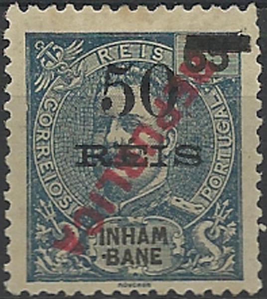 0092.jpg -     Lote:    92      Colecção Império      Inhambane       Descrição:         1915 &mdash; D. Carlos I, com sobretaxa e sobrecarga REPUBLICA local. CE87, 50 s/ 65 reis azul-escuro. Selo com a sobrecarga invertida.        **       Valor Base:     &euro; 15,00     Valor Venda:     &euro; 100,00     