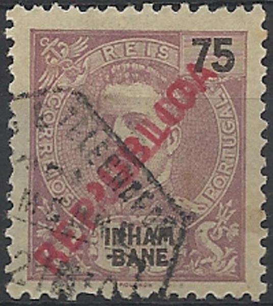 0099.jpg -     Lote:    99      Colecção Império      Inhambane       Descrição:         1917 &mdash; D. Carlos I, com sobrecarga REPUBLICA, tipografada localmente. CE94, 75 reis violeta castanho. Selo com dupla sobrecarga. B e MR.        O       Valor Base:     &euro; 15,00     Valor Venda:     &euro; 26,00     