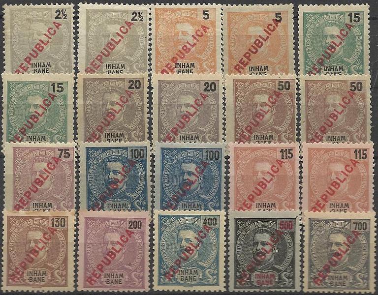 0102.jpg -     Lote:    102      Colecção Império      Inhambane       Descrição:         1917 &mdash; D. Carlos I, com sobrecarga REPUBLICA, tipografada localmente. CE89/101. Série completa + selos de 2 &frac12;, 5, 15, 20, 50, 100 e 115 reis com diferentes tonalidades de cor. Valor de catálogo &euro; 175,60.        **/*       Valor Base:     &euro; 35,00     Valor Venda:     &euro; 60,00     