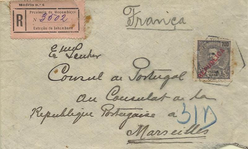0104.jpg -     Lote:    104      Colecção Império      Inhambane       Descrição:         1917 &mdash; D. Carlos I tipo Mouchon, com sobrecarga REPUBLICA tipografada localmente. CE101, 700 reis ardósia s/ amarelo em sobrescrito circulado registado de Inhambane (09.06.21) para Marselha (??.07.21) com trânsito por L. Marques (11.06.21). B e MR.        Carta       Valor Base:     &euro; 300,00     Valor Venda:     Retirado     