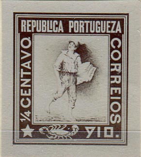 0109.jpg -     Lote:    109      Colecção "Os Lusíadas"             Descrição:         1915 &mdash; Lusíadas. Precursores. Concurso de 11.12.1915. Estudo para a substituição da série base "Ceres". Ensaio fotográfico - "O Lacrau" Autodestruição da monarquia -. O "9" de "910" &mdash; triângulo maçónico. Nos jornais que o ardina transporta pode-se ler "REPVBLICA" &mdash; "A LUCTA".         PRV       Valor Base:     &euro; 50,00     Valor Venda:     &euro; 100,00     
