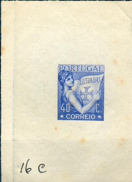 0125.jpg -     Lote:    125      Colecção "Os Lusíadas"             Descrição:         1926 &mdash; Precursores do tipo "Os Lusíadas". Prova de artista de 40c em azul, não denteada, em papel entrançado, executada em talhe doce pela casa Thomas de La Rue & C.º. Não aprovada.        PRV       Valor Base:     &euro; 30,00     Valor Venda:     Retirado     