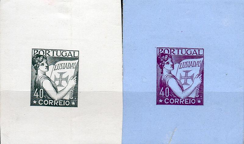 0127.jpg -     Lote:    127      Colecção "Os Lusíadas"             Descrição:         1926 &mdash; Lusíadas. Lote de dois ensaios da taxa de 40C em papel porcelana. Um em preto s/ papel branco e outro em violeta sobre papel azul. Executados em 1926. Desenho de Pedro Guedes e gravura de Guilherme Augusto dos Santos. Linhas convergentes do cotovelo, buriladas.        PRV       Valor Base:     &euro; 30,00     Valor Venda:     &euro; 30,00     
