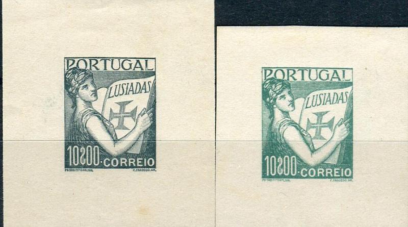 0130.jpg -     Lote:    130      Colecção "Os Lusíadas"             Descrição:         1926 &mdash; Lusíadas. Precursores do tipo "Os Lusíadas". Lote de 2 provas individuais de artista, com largas margens em papel liso nas cores azul cinzento, e verde escuro, todas na taxa de 10$00 (cifrão invertido). Desenho de Pedro Guedes e cunho de Arnaldo Fragoso.        PRV       Valor Base:     &euro; 30,00     Valor Venda:     Retirado     