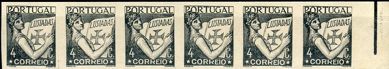 0140.jpg -     Lote:    140      Colecção "Os Lusíadas"             Descrição:         1931 &mdash; Lusíadas. CE515, 4c. Tira com 6 provas em preto, cor não aprovada, em papel previamente gomado, creme e muito espesso.        PRV       Valor Base:     &euro; 12,00     Valor Venda:     Retirado     