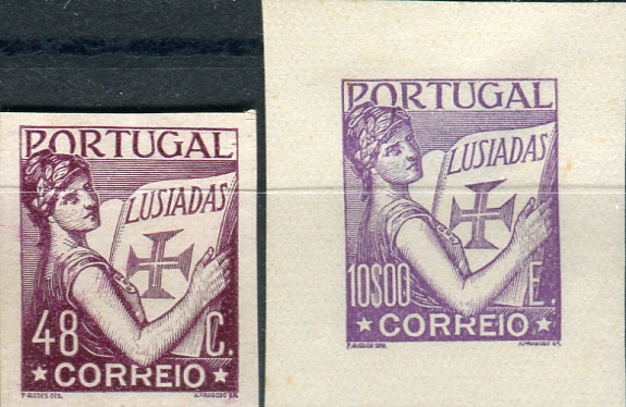 0145.jpg -     Lote:    145      Colecção "Os Lusíadas"             Descrição:         1930 &mdash; Lusíadas. Duas provas de artista de 48c violeta escuro e 10$00 violeta. Desenvolvimento do cunho II com experimentação de cor única e cifrão em posição correcta. Legenda "CORREIO" grande, duas estrelas e valores ainda não determinados.        PRV       Valor Base:     &euro; 15,00     Valor Venda:     Retirado     