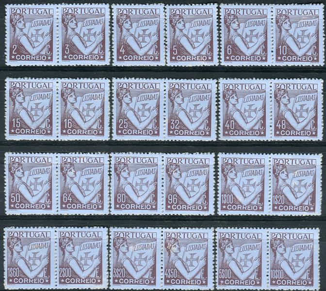 0151.jpg -     Lote:    151      Colecção "Os Lusíadas"             Descrição:         1930 &mdash; Lusíadas. Prancha completa de 24 unidades em castanho sobre papel porcelana colorido a azul, separada em 11 pares e 2 unidades, denteadas em 14x14. Cunho II de Arnaldo Fragoso.        PRV       Valor Base:     &euro; 60,00     Valor Venda:     Retirado     