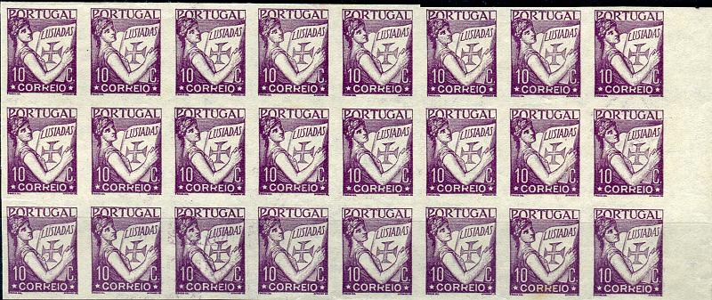 0166.jpg -     Lote:    166      Colecção "Os Lusíadas"             Descrição:         1931 &mdash; Lusíadas. Bloco de 24 provas não denteadas da taxa de 10C, impressas em violeta sobre papel branco muito fino.. Cor e taxas aprovadas. Papel não aprovado.        PRV       Valor Base:     &euro; 25,00     Valor Venda:     Retirado     