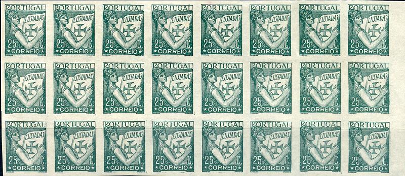 0173.jpg -     Lote:    173      Colecção "Os Lusíadas"             Descrição:         1931 &mdash; Lusíadas. Bloco, bordo de folha, com 24 provas não denteadas, da taxa de 25c, impressas a verde-escuro, sobre papel liso, fino. Cor e taxa aprovadas. Papel não aprovado.        PRV       Valor Base:     &euro; 30,00     Valor Venda:     Retirado     