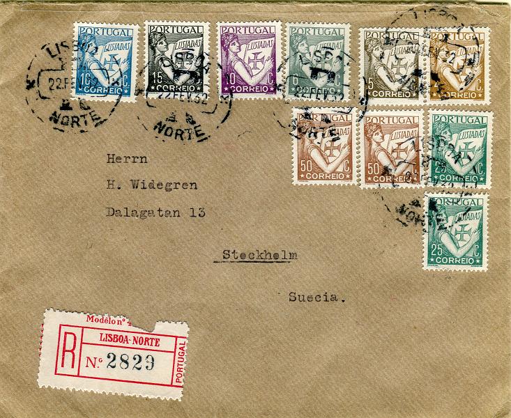 0199.jpg -     Lote:    199      Colecção "Os Lusíadas"             Descrição:         1931 &mdash; Lusíadas. Sobrescrito circulado registado de Lisboa (22.02.32) para a Suécia, com selos de 4, 5, 6, 10, 15, 16, 2x25c e 2x50c.        Carta       Valor Base:     &euro; 25,00     Valor Venda:     Retirado     