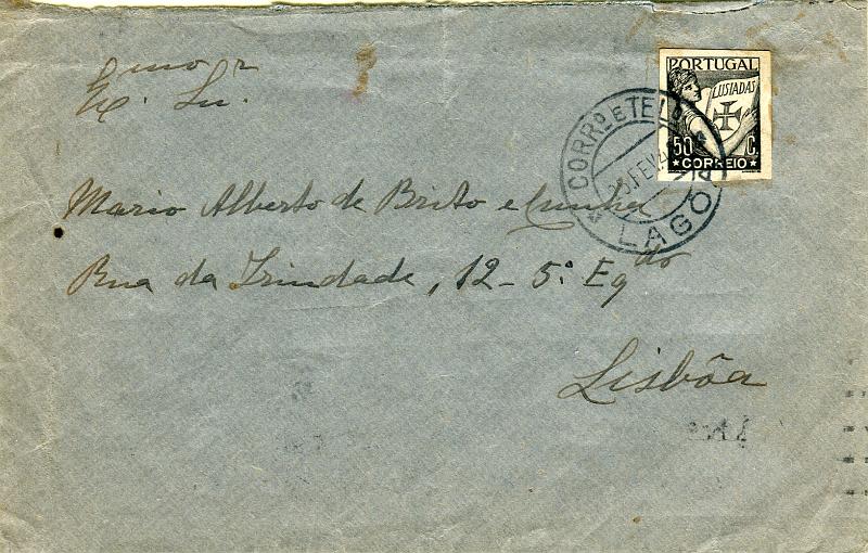 0200.jpg -     Lote:    200      Colecção "Os Lusíadas"             Descrição:         1931 &mdash; Lusíadas. Ensaio, não denteado, do selo de 50c (CE522) impresso a preto, mas a franquiar sobrescrito de Lagoa (25.02.42) para Lisboa (26.02.42), não tendo sido rejeitado pelos CTT. MB e MR.        Carta       Valor Base:     &euro; 100,00     Valor Venda:     Retirado     
