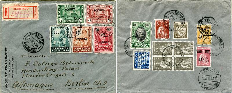 0202.jpg -     Lote:    202      Colecção "Os Lusíadas"             Descrição:         1935 &mdash; Lusíadas + Centenário de Camilo Castelo Branco + idem com sobrecarga AÇORES + Ceres + Ceres, com sobretaxa + Tudo pela Nação. Sobrescrito circulado registado de Aveiras de Cima (22.11.35) para Berlim (24.11.35) com selos CE514, 343, 345, 277, 384 (quadra), 470, 473 e Açores 226/227, 229 e 231. MB.        Carta       Valor Base:     &euro; 50,00     Valor Venda:     &euro; 110,00     