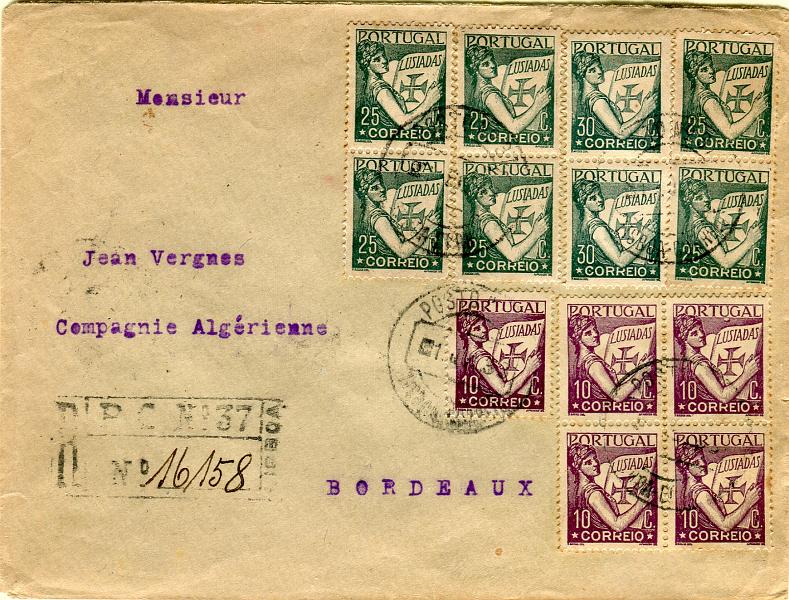 0204.jpg -     Lote:    204      Colecção "Os Lusíadas"             Descrição:         1931 &mdash; Lusíadas. Postos particulares de correio. Sobrescrito circulado de Lisboa (01.07.33) para França (03.07.33) com 5 selos de 10C CE516 e 8 selos (2 quadras) de 25c CE519. Obliterados com marca de dia e carimbo de registo do "POSTO DE CORREIO N.º 37". MB e R.        Carta       Valor Base:     &euro; 75,00     Valor Venda:     &euro; 95,00     