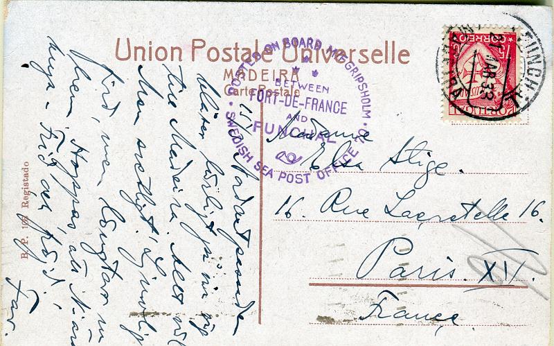 0211.jpg -     Lote:    211      Colecção "Os Lusíadas"             Descrição:         1931 &mdash; Lusíadas. Correio de bordo. Postal ilustrado lançado a bordo do Paquete "GRIPSHOLM" da "Swedish American Liner" com selo de 75c CE523, circulado do Funchal (21.03.33) para Paris. Carimbo de bordo do paquete batido a violeta "POSTED ON BOARD M/F GRIPSHOLM / BETWEEN / FORT-DE-FRANCE / AND / FUNCHAL / SWEDISH SEA POST OFFICE" MB e MR.        PI       Valor Base:     &euro; 100,00     Valor Venda:     &euro; 150,00     
