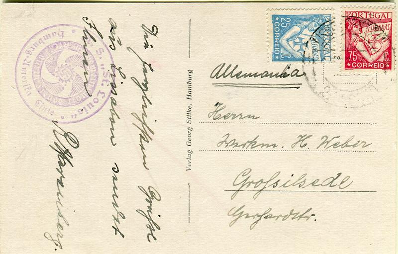 0212.jpg -     Lote:    212      Colecção "Os Lusíadas"             Descrição:         1931 &mdash; Lusíadas. Correio de bordo. Postal ilustrado lançado a bordo do Paquete  "ST. LOUIS" da "Hamburg Amerika Linie" com selos de 25 e 75c CE523 e 543, circulado de Lisboa para a Alemanha. Carimbo de bordo do paquete batido a violeta "M. S. ST. LOUIS / HAMBURG AMERIKA LINIE" MB e R.        PI       Valor Base:     &euro; 75,00     Valor Venda:     Retirado     