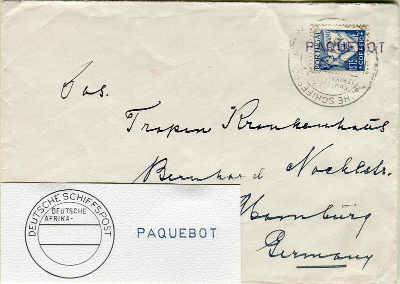 0216.jpg -     Lote:    216      Colecção "Os Lusíadas"             Descrição:         1931/34 &mdash; Lusíadas. Correio de bordo. Sobrescrito lançado a bordo de paquete da Deutsche Afrika Linien com selo de 1$75, CE547, do Funchal para a Alemanha. Carimbo do paquete batido a preto e linear "PAQUEBOT" a azul.        Carta       Valor Base:     &euro; 50,00     Valor Venda:     &euro; 95,00     