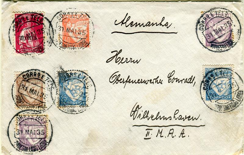 0221.jpg -     Lote:    221      Colecção "Os Lusíadas"             Descrição:         1931 &mdash; Lusíadas + Ceres. Correio desinfectado. Sobrescrito circulado de Lisboa (31.05.35) para a Alemanha com selos de 75c CE307 (Açores), 2x10c, 2x25c, 40c  50c CE516, 520, 522 e 543. Carimbo batido a preto "CORR.º E TEL.º / Pto DESINFECÇÃO LISBOA". MR.        Carta       Valor Base:     &euro; 75,00     Valor Venda:     &euro; 190,00     